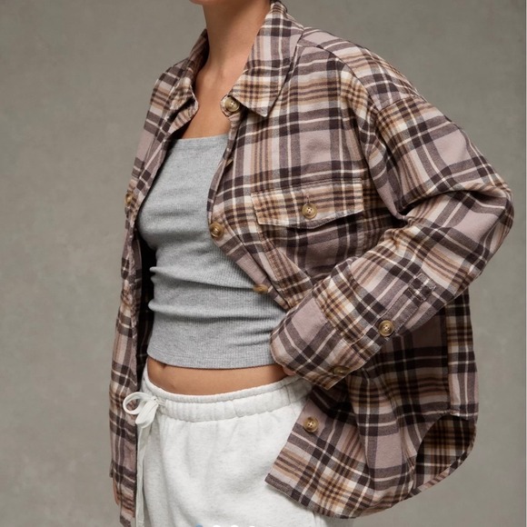 American Eagle Outfitters Tops - American Eagle Outfitters Plaid Flannel Button Down Shirt Neutral Gorpcore Large